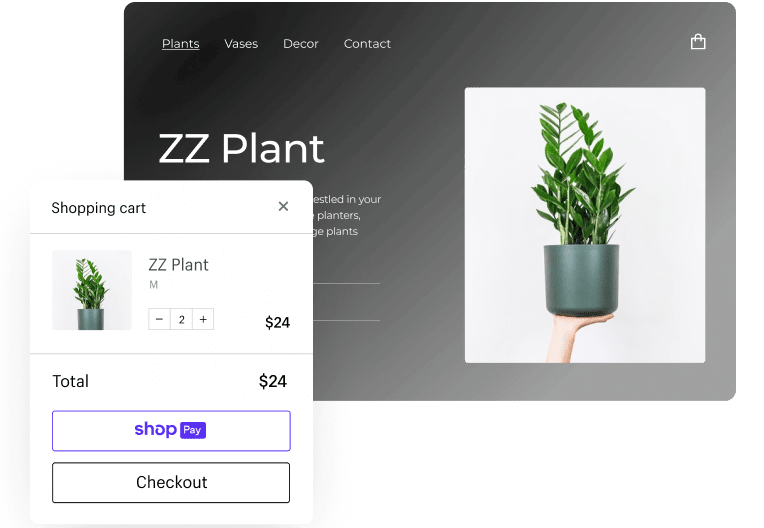 A plant product in a Shopify online store and in an online shopping cart.